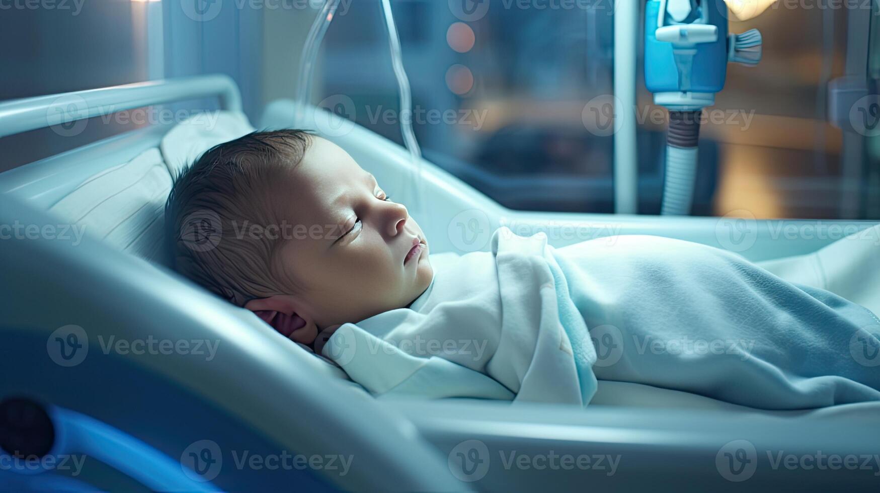 AI generated a boy peacefully lying in a hospital crib, surrounded by the serenity of the hospital environment, that highlights the precious moments of life. photo