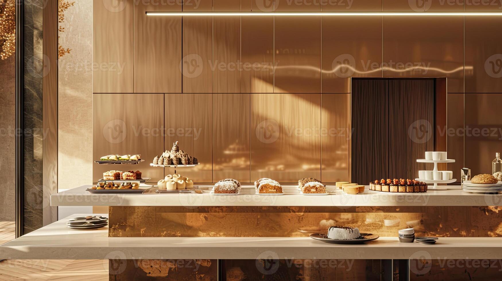AI generated a bakery on a long table against a modern kitchen background, adorned with gold and brown colors to evoke luxury, offering ample copy space. photo