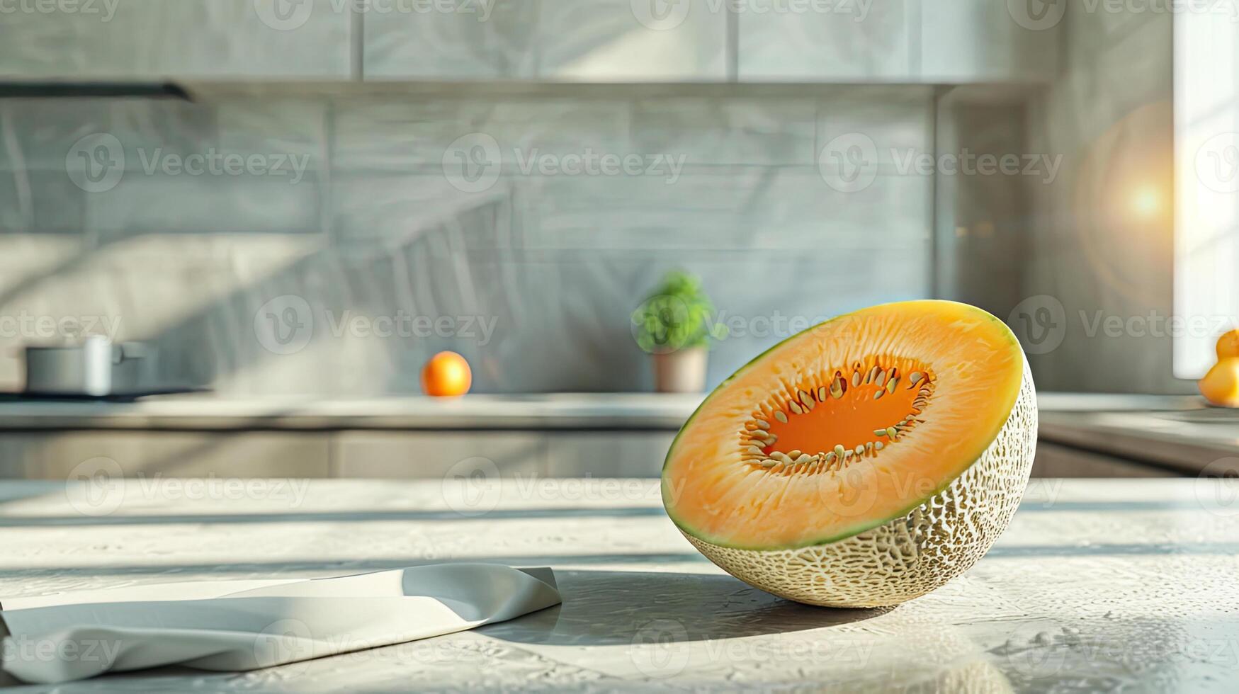 AI generated a melon close-up against a light background in a modern kitchen, showcasing its vibrant colors and enticing texture. photo