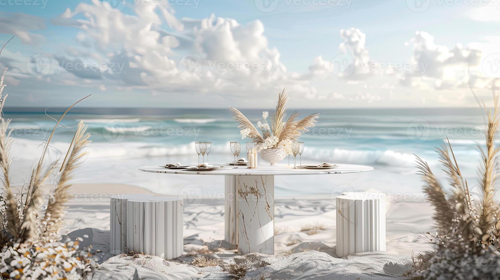 ai generado un blanco mármol mesa conjunto arriba para un Bosquejo en contra el fondo de un romántico playa Boda recepción, presentando suave arena, amable ondas, y soñador costero decoración. foto