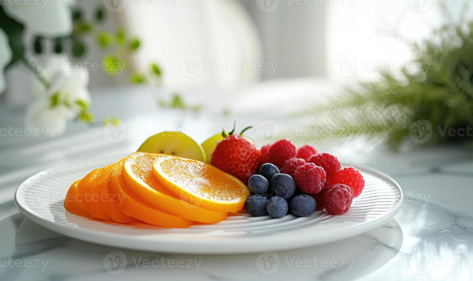 AI generated Fresh fruits on a white plate in the kitchen. Healthy eating. photo