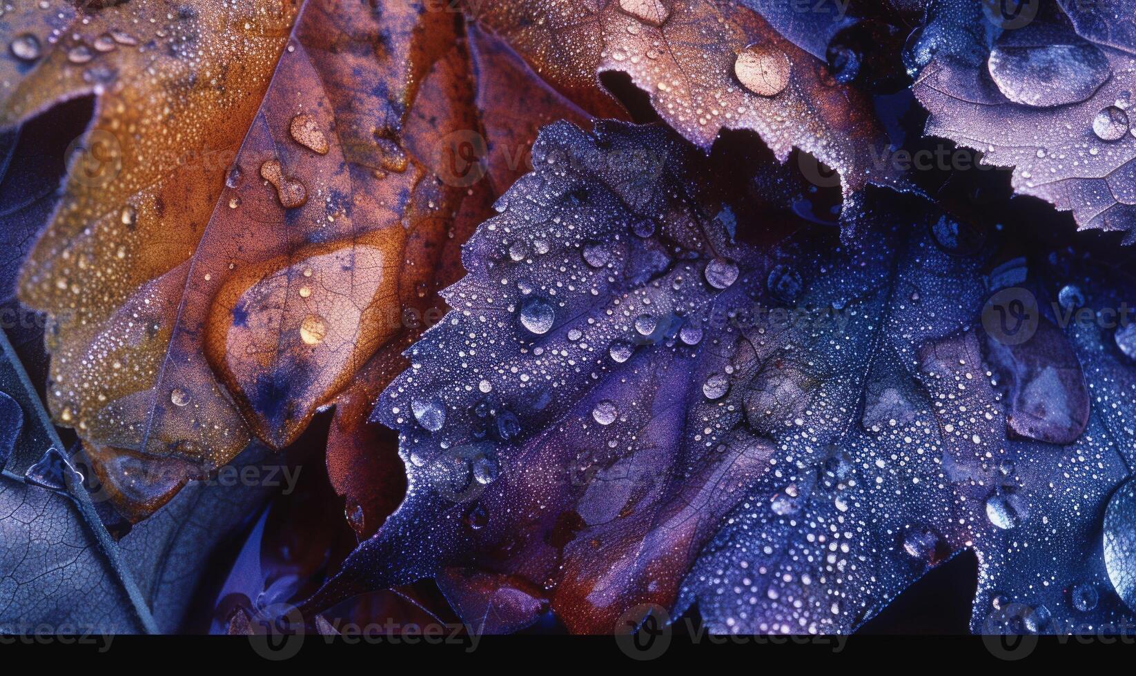 AI generated Vintage colored picture of purple leaves with water drops close-up. Leaves background. photo