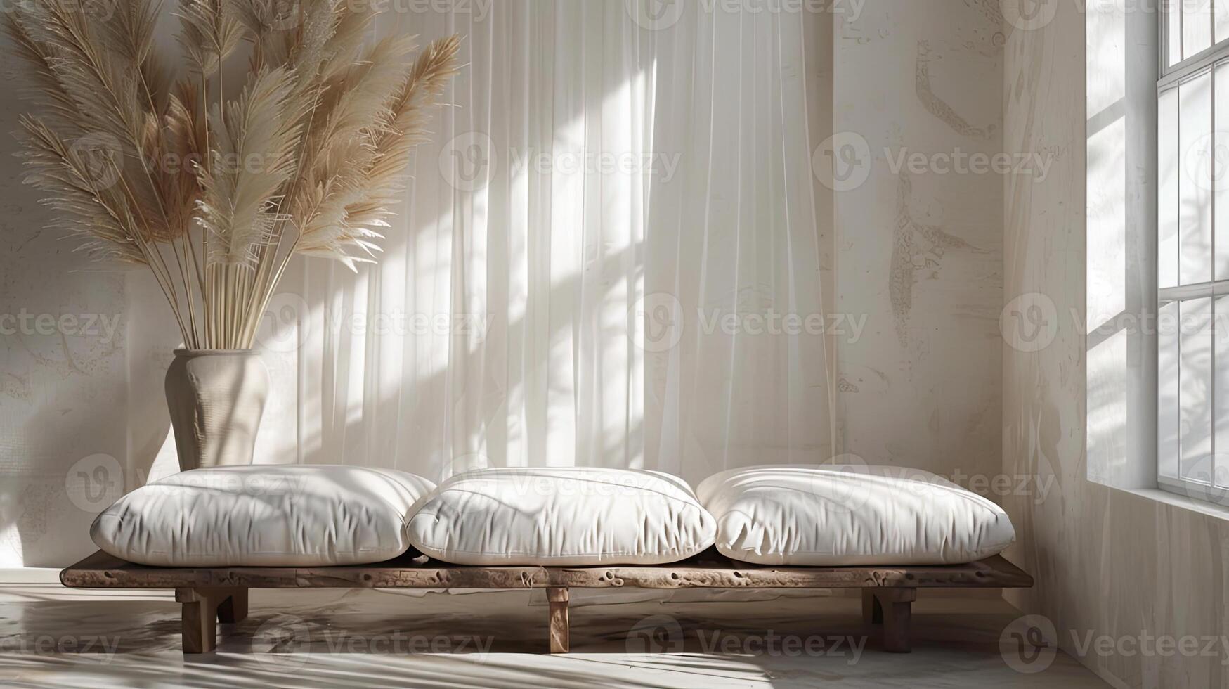 AI generated a daybed adorned with white cushions, complemented by a vase of pampas grass near the window to invite natural light, creating a cozy and inviting atmosphere. photo