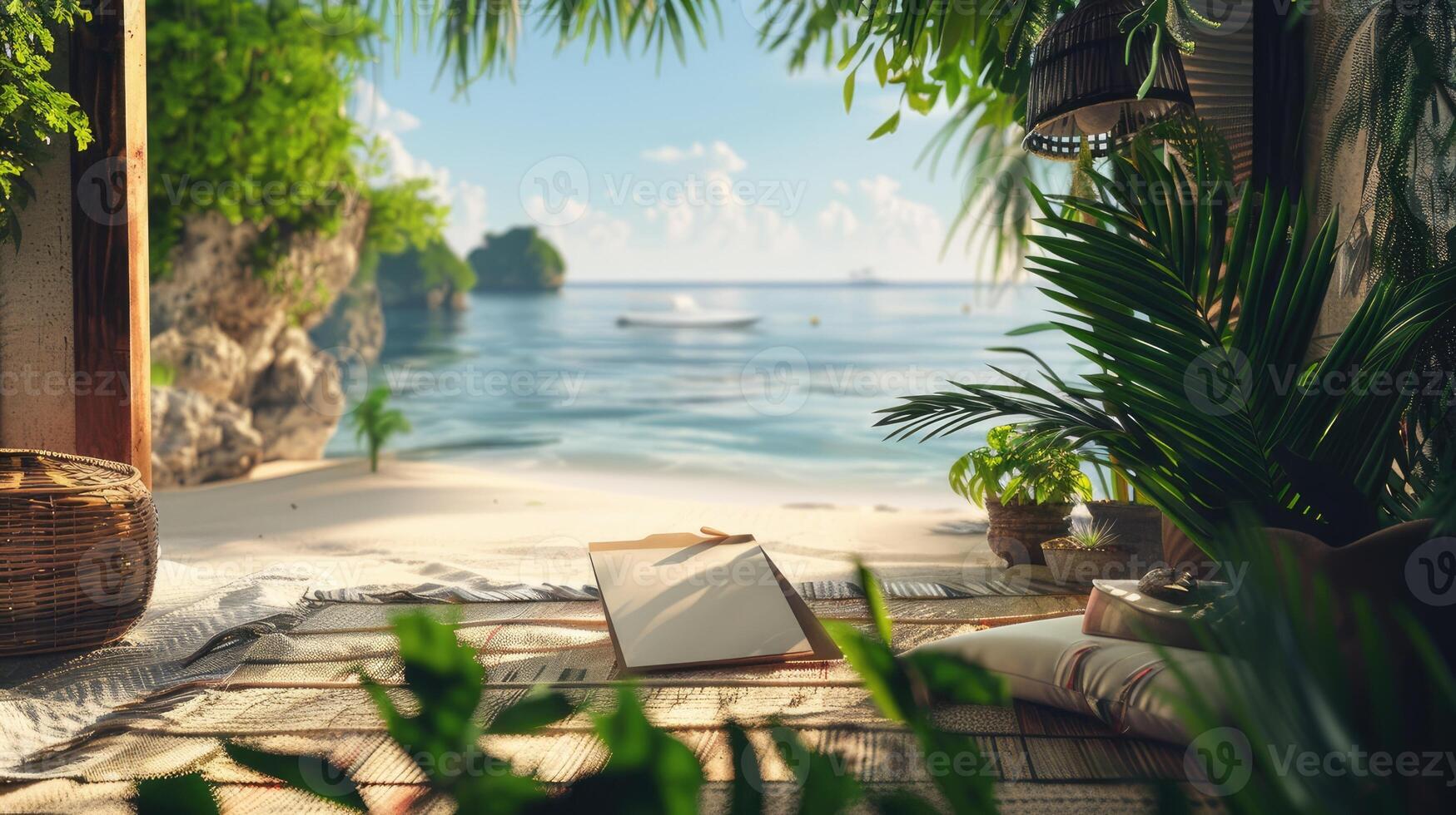 AI generated summer with a cozy scene featuring a personalized note on a piece of paper, nestled in a warm and inviting setting, evoking feelings of relaxation and joy. photo