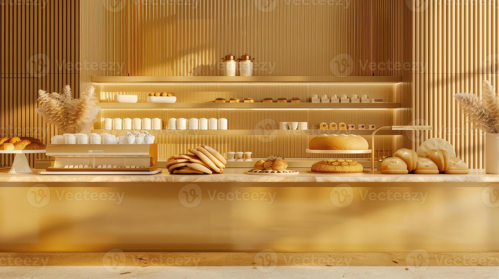 AI generated a bakery on a long table against a modern kitchen background, adorned with gold and brown colors to evoke luxury, offering ample copy space. photo