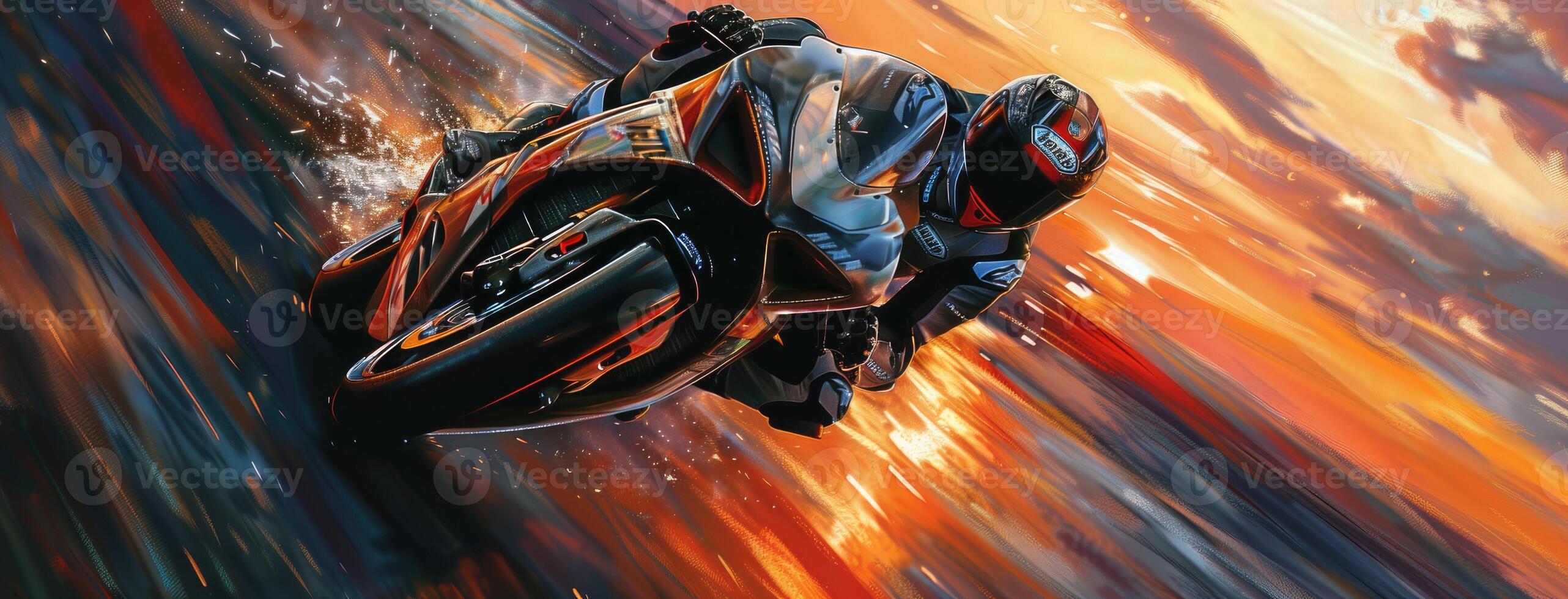 AI generated a speeding superbike tearing down the highway at sunset, immerses viewers in the adrenaline-fueled thrill of the open road. photo