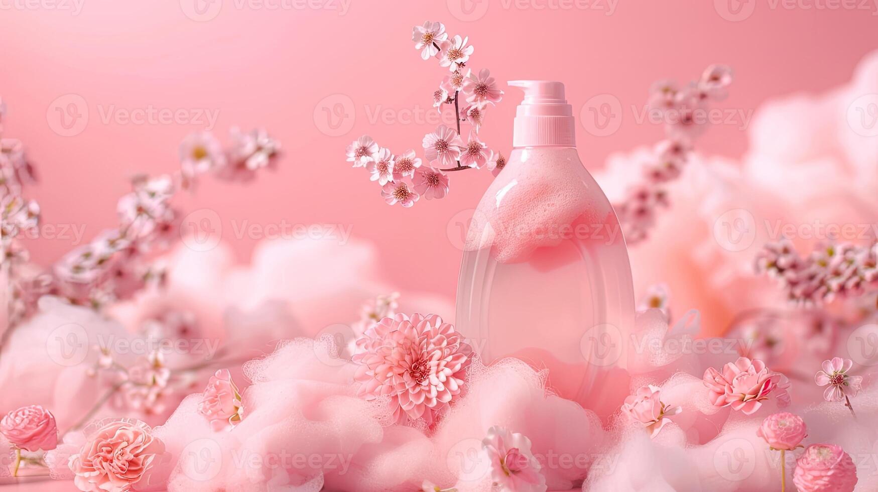 AI generated fragrant pink clouds and floral patterns emerging from freshly laundered items, illustrating the unique floral scent of laundry detergent gel. photo