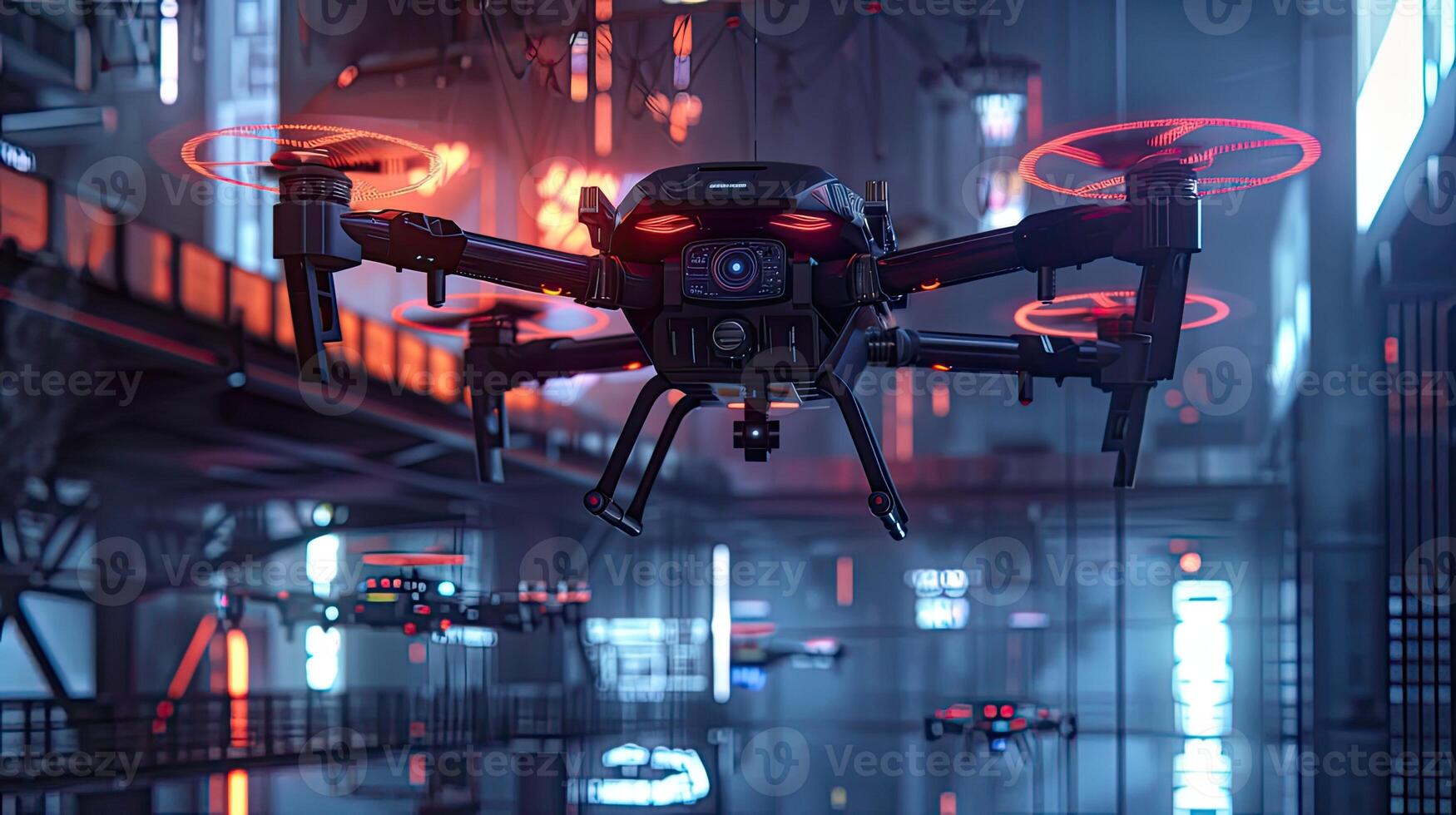 AI generated a cutting-edge cyber security system in action, with drones patrolling the perimeter of a secure facility, showcasing advanced surveillance and threat detection capabilities. photo