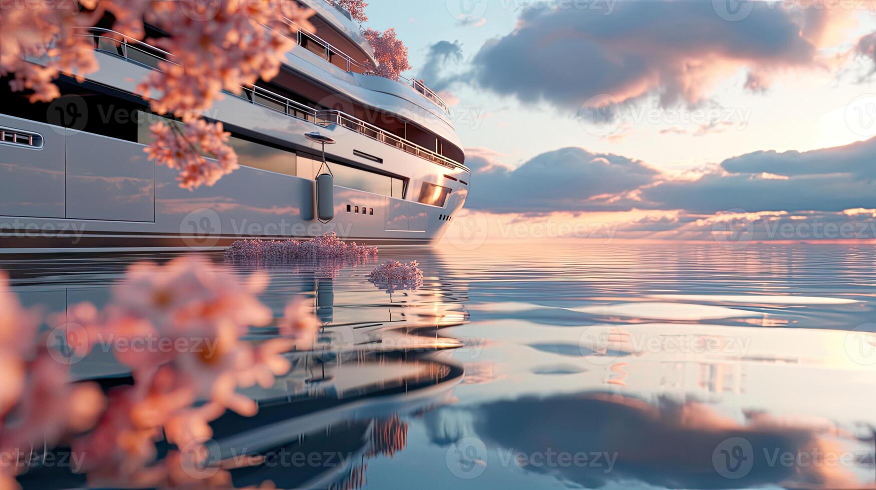 AI generated a yacht festivity with the deck adorned in vibrant flowers, set against the backdrop of tranquil waters reflecting the dreamlike scene. photo