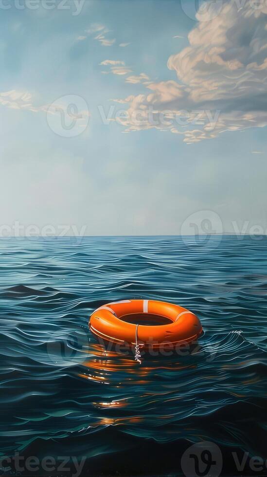 AI generated safety and hope amidst the vastness of the open sea with an orange lifebuoy floating serenely, symbolizing protection and optimism under the expansive sky. photo