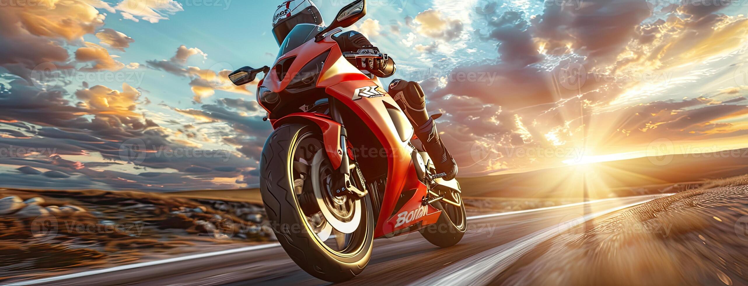 AI generated a speeding superbike tearing down the highway at sunset, immerses viewers in the adrenaline-fueled thrill of the open road. photo