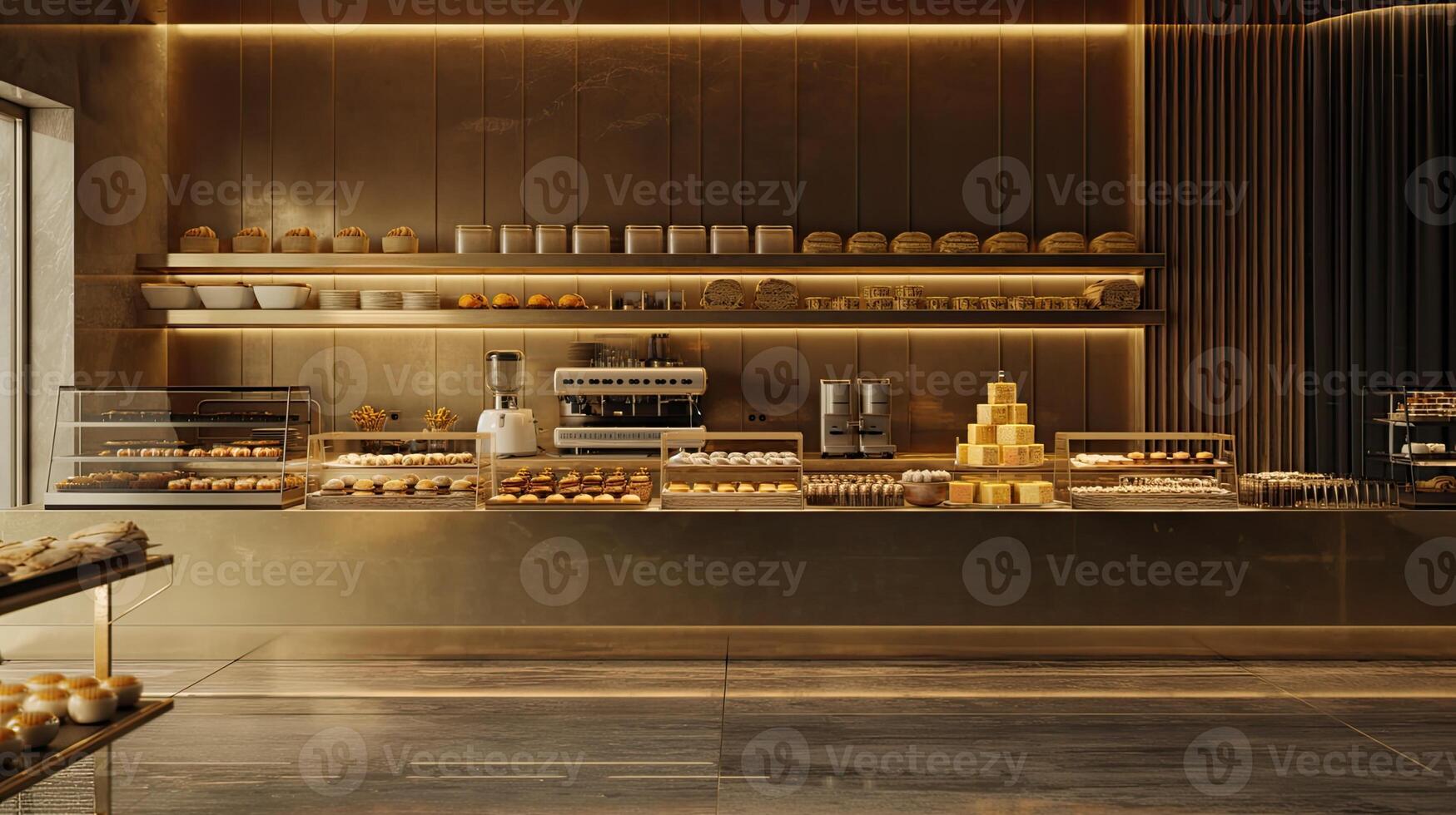 AI generated a bakery on a long table against a modern kitchen background, adorned with gold and brown colors to evoke luxury, offering ample copy space. photo