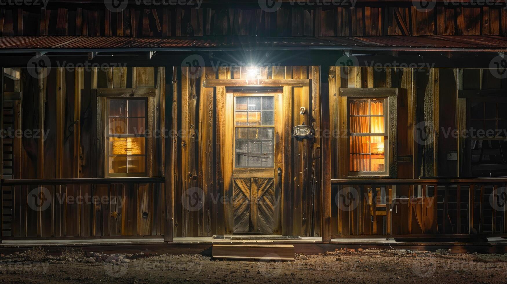 AI generated a small western town at night, with a warmly illuminated wooden house and a faithful dog resting on its doorstep, evoking the timeless allure of frontier life. photo