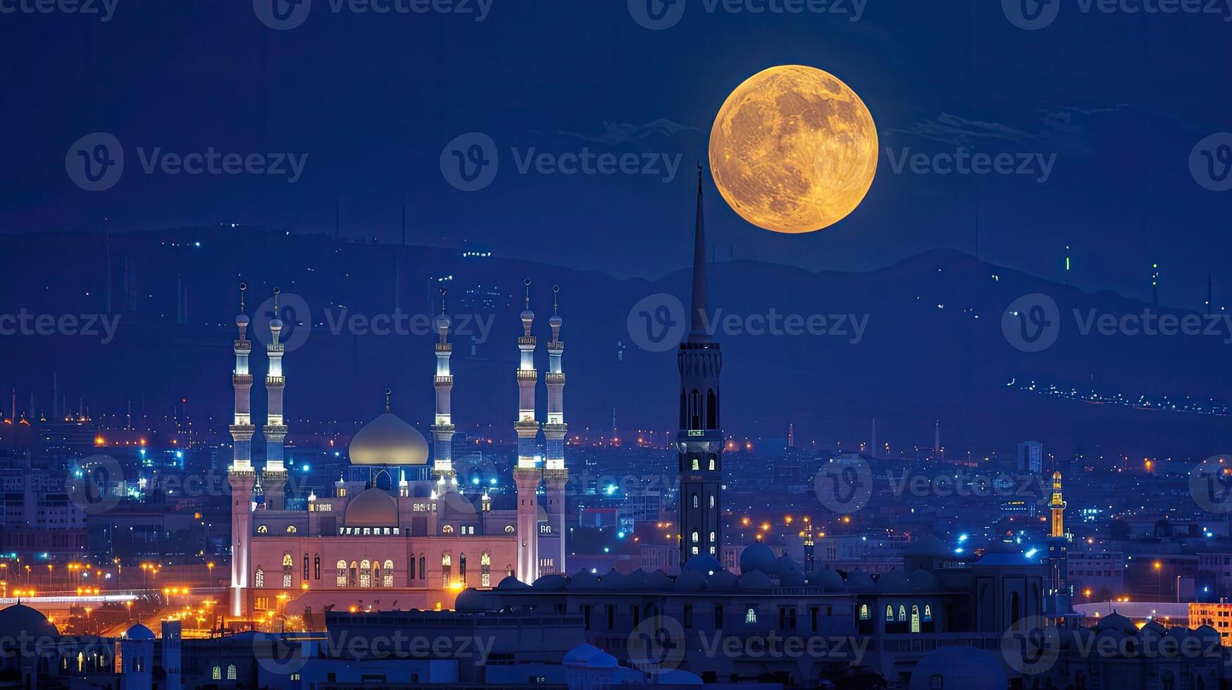 AI generated the full moon illuminating the night sky during the holy month of Ramadan, evoking a sense of serenity and spirituality amidst the peaceful darkness. photo