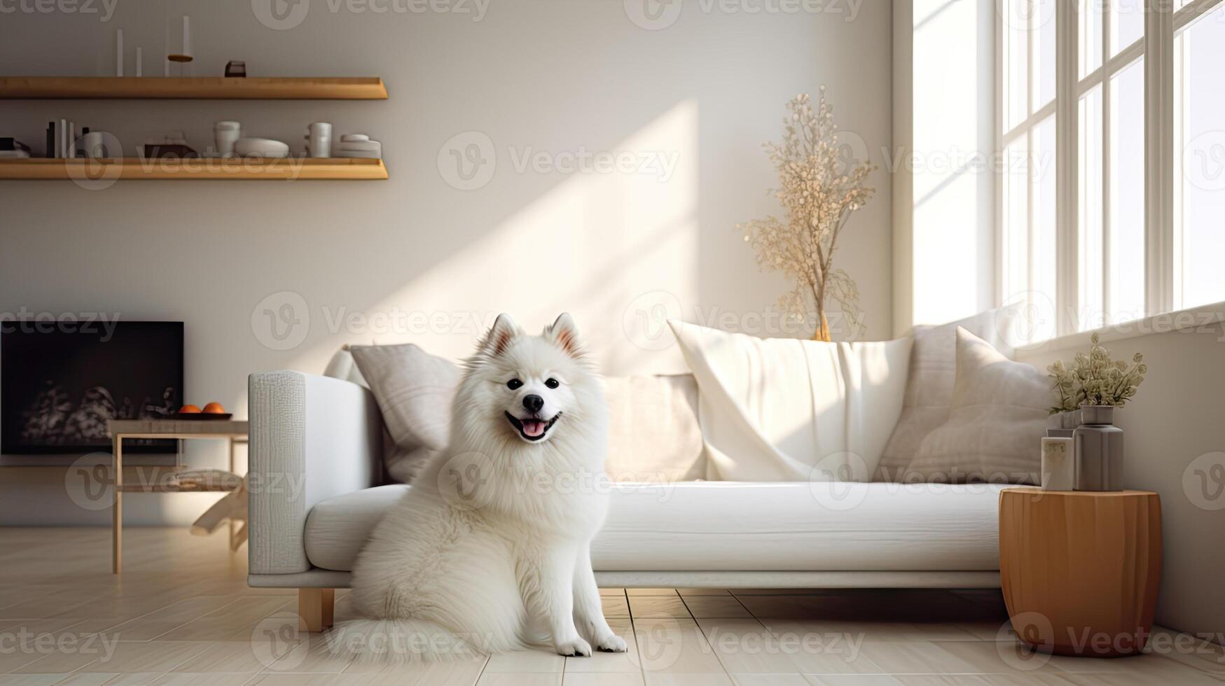 ai generado un americano esquimal perro descansando en un blanco sofá en un moderno vivo habitación, con suave colores dominante el paleta, creando un sereno y contemporáneo ambiente foto