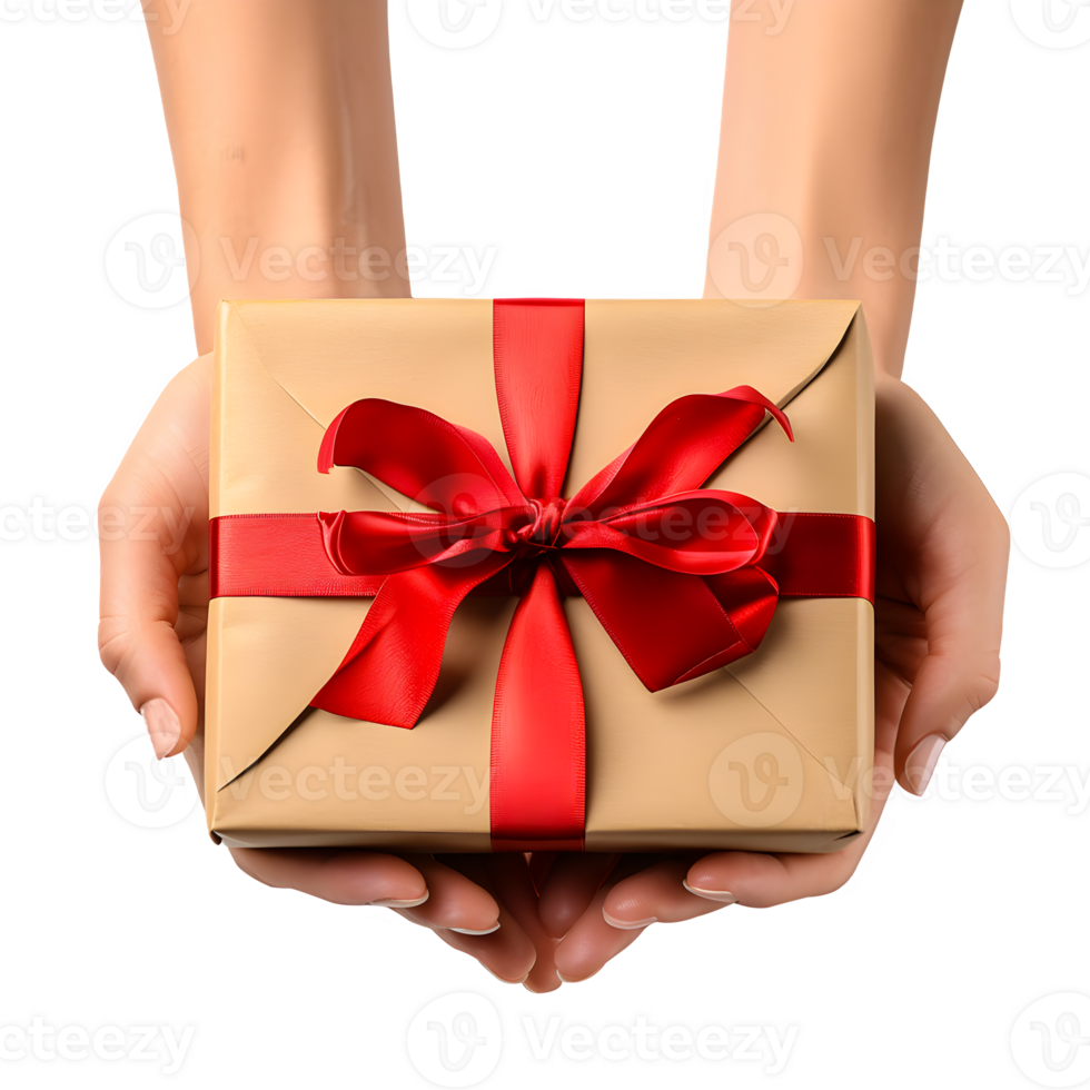 AI generated Hands Holding Gift Box Wrapped and Decorated with Satin Ribbon. Generative AI png
