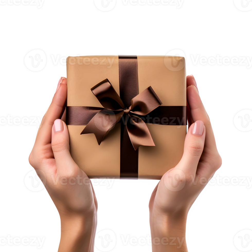 AI generated Hands Holding Gift Box Wrapped and Decorated with Satin Ribbon. Generative AI png