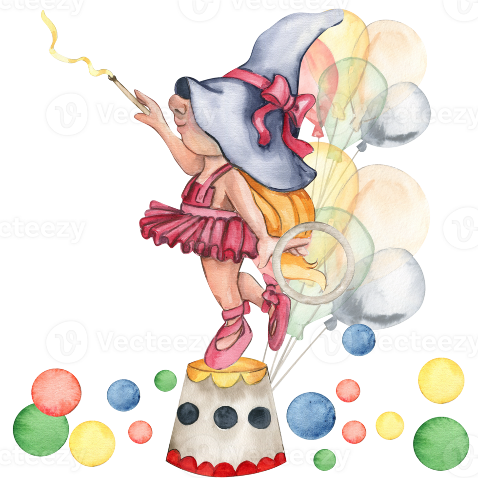 Composition of circus girl-gnome acrobat in vintage style. png