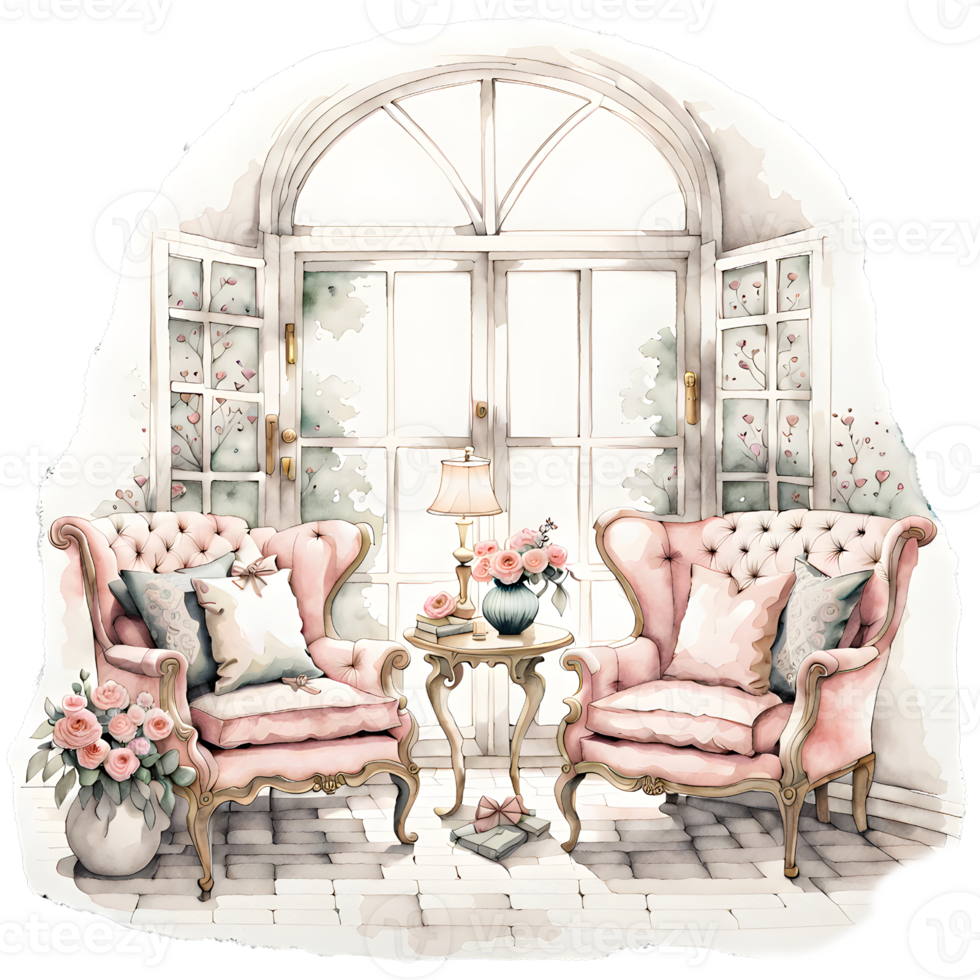 AI generated Watercolor illustration of an old country house interior . png