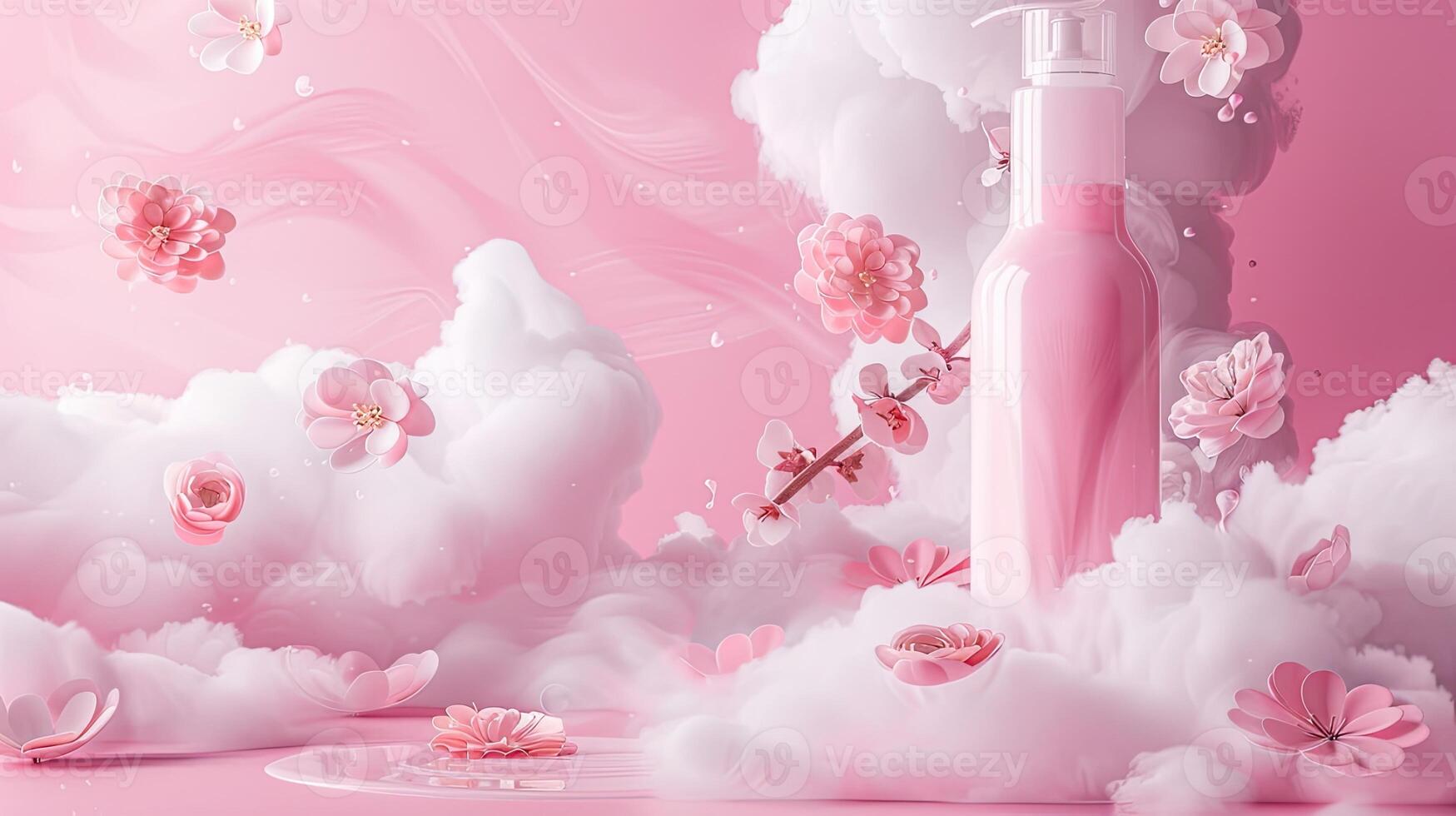 AI generated fragrant pink clouds and floral patterns emerging from freshly laundered items, illustrating the unique floral scent of laundry detergent gel. photo