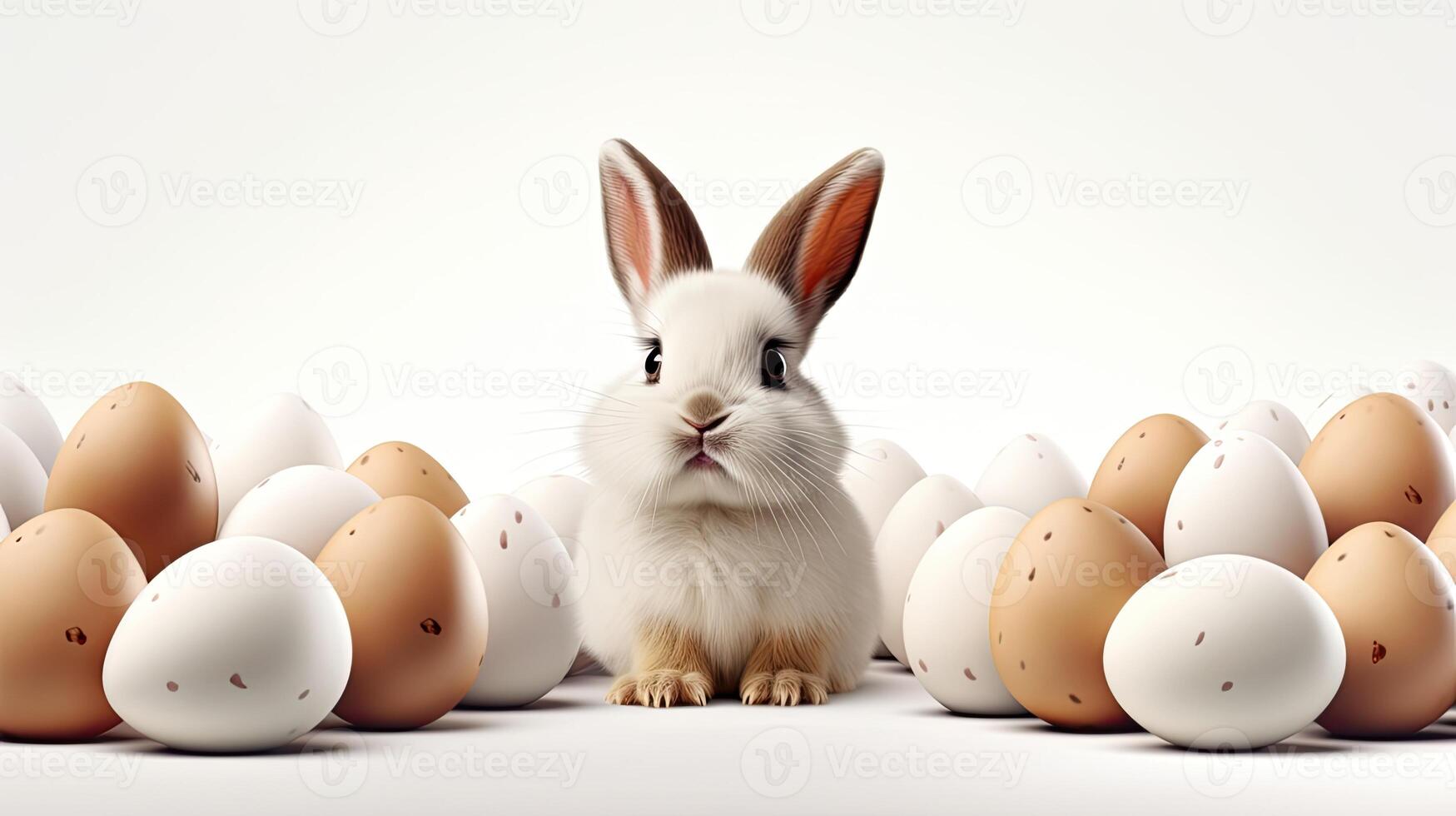 AI generated a super funny and cute white Easter bunny surrounded by chocolate eggs, perfect for an Easter advertising campaign against a solid white background. photo