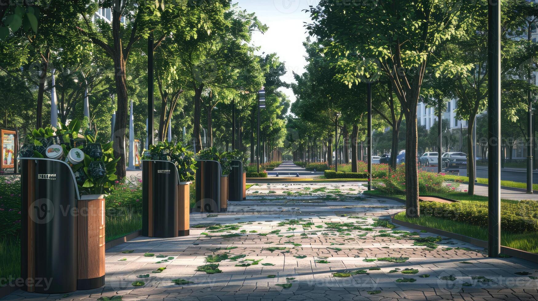 AI generated a well-maintained city park with a row of recycling bins, showcasing the city's commitment to eco-friendliness in ultra-high quality. photo
