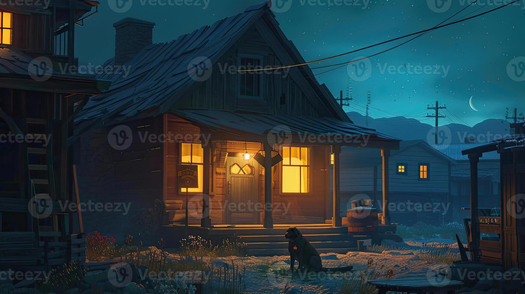AI generated a small western town at night, with a warmly illuminated wooden house and a faithful dog resting on its doorstep, evoking the timeless allure of frontier life. photo