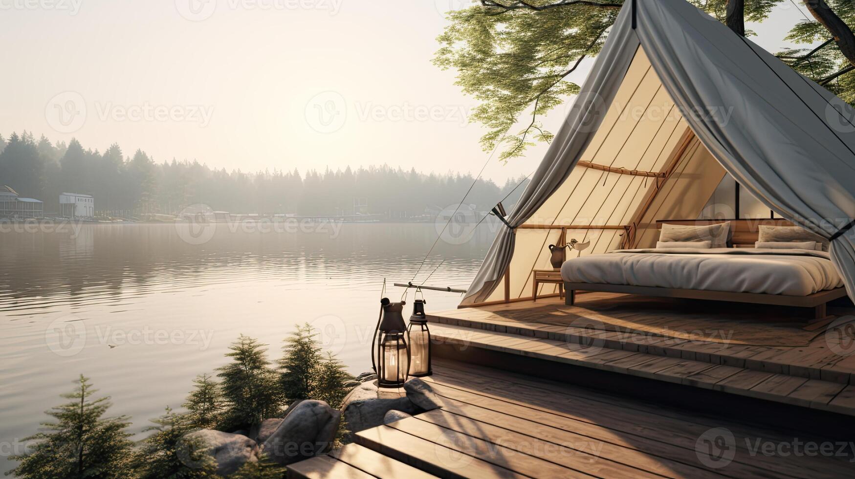 AI generated a tent pitched by a serene lake, enveloped in hazy romanticism, where the soft glow of the setting sun casts a mesmerizing ambiance over the natural landscape photo