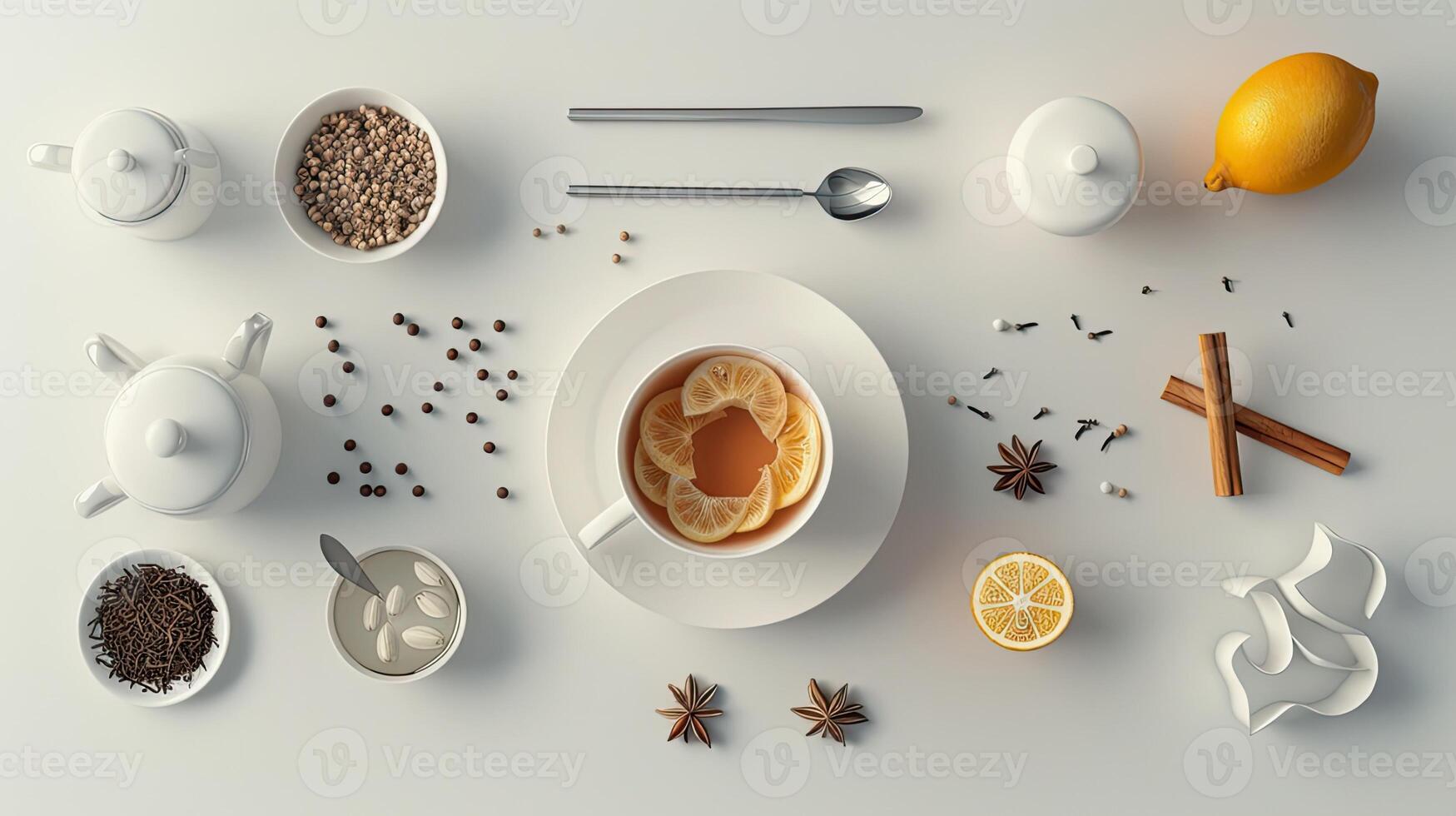 AI generated beautiful tea presented from a top view, infused with elements of lemon, cinnamon, cloves, and other spices, evoking warmth and comfort. photo
