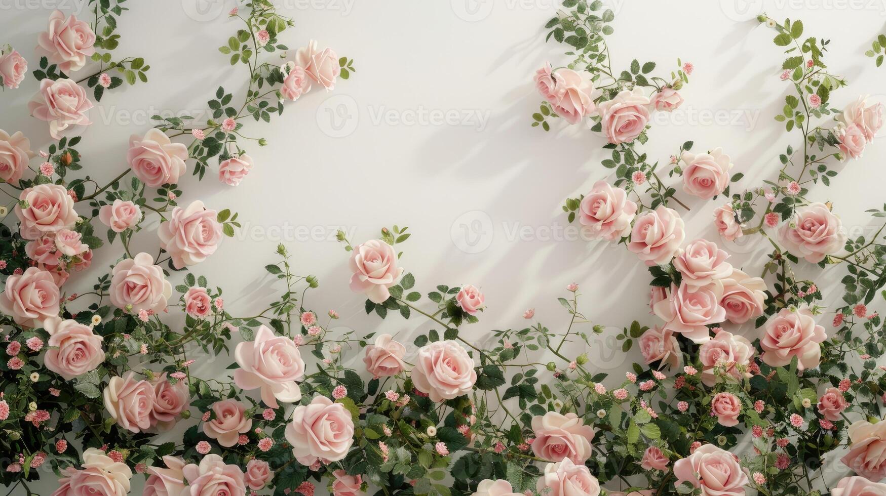 AI generated pink roses and tender green leaves flourishing against white walls, evoking feelings of love and tenderness, beautifully blending with the aesthetic style. photo