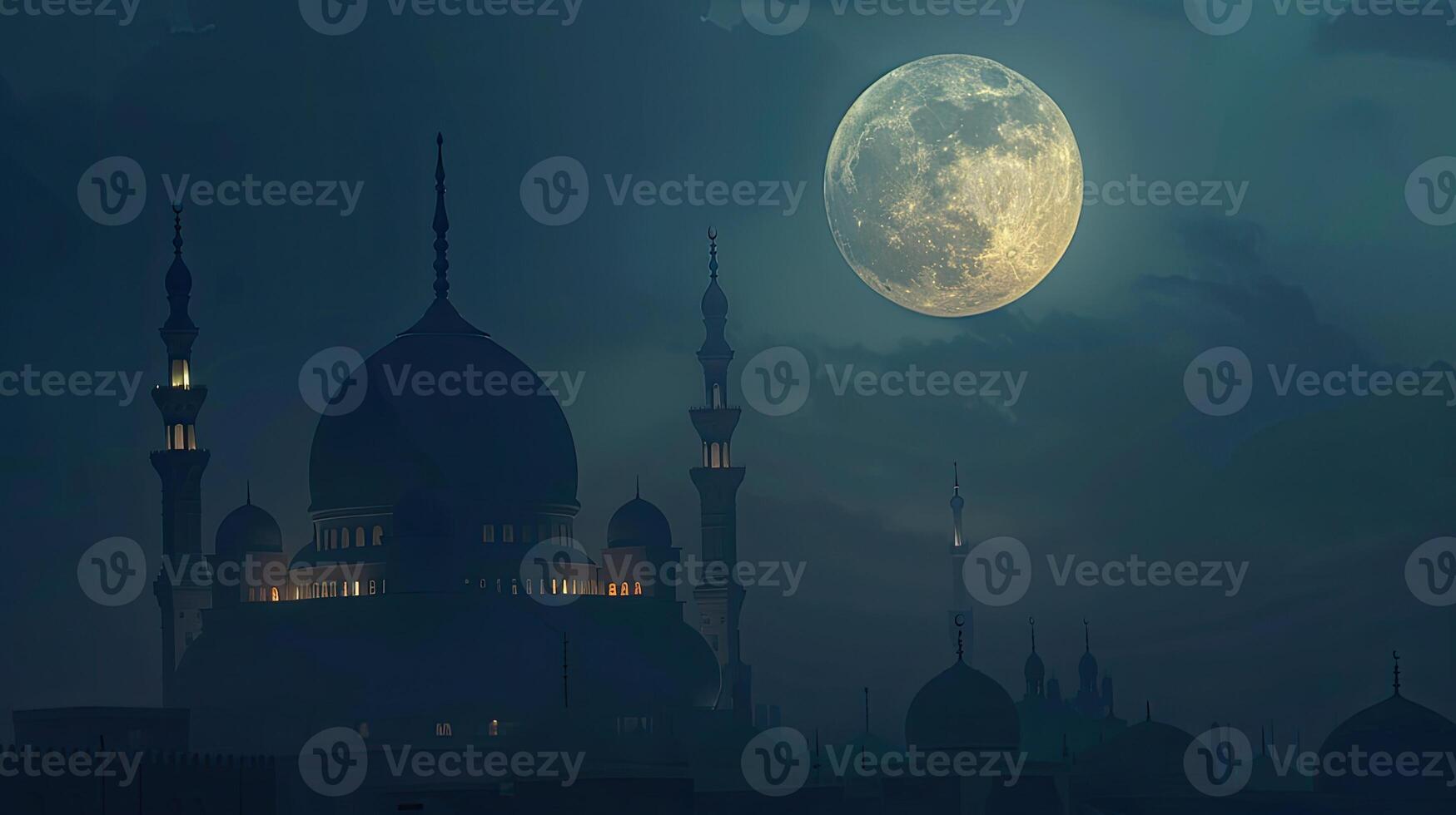 AI generated the full moon illuminating the night sky during the holy month of Ramadan, evoking a sense of serenity and spirituality amidst the peaceful darkness. photo