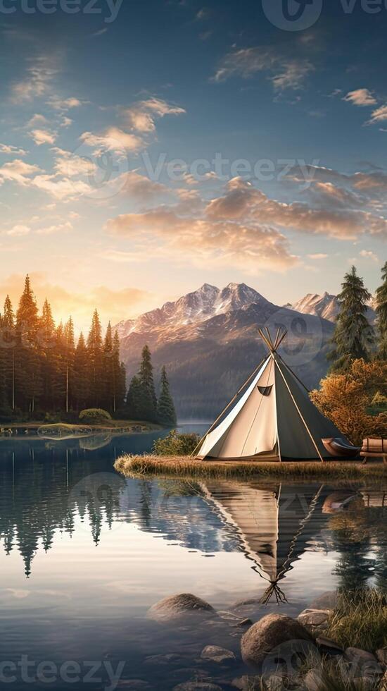 AI generated a tent pitched by a serene lake, enveloped in hazy romanticism, where the soft glow of the setting sun casts a mesmerizing ambiance over the natural landscape photo