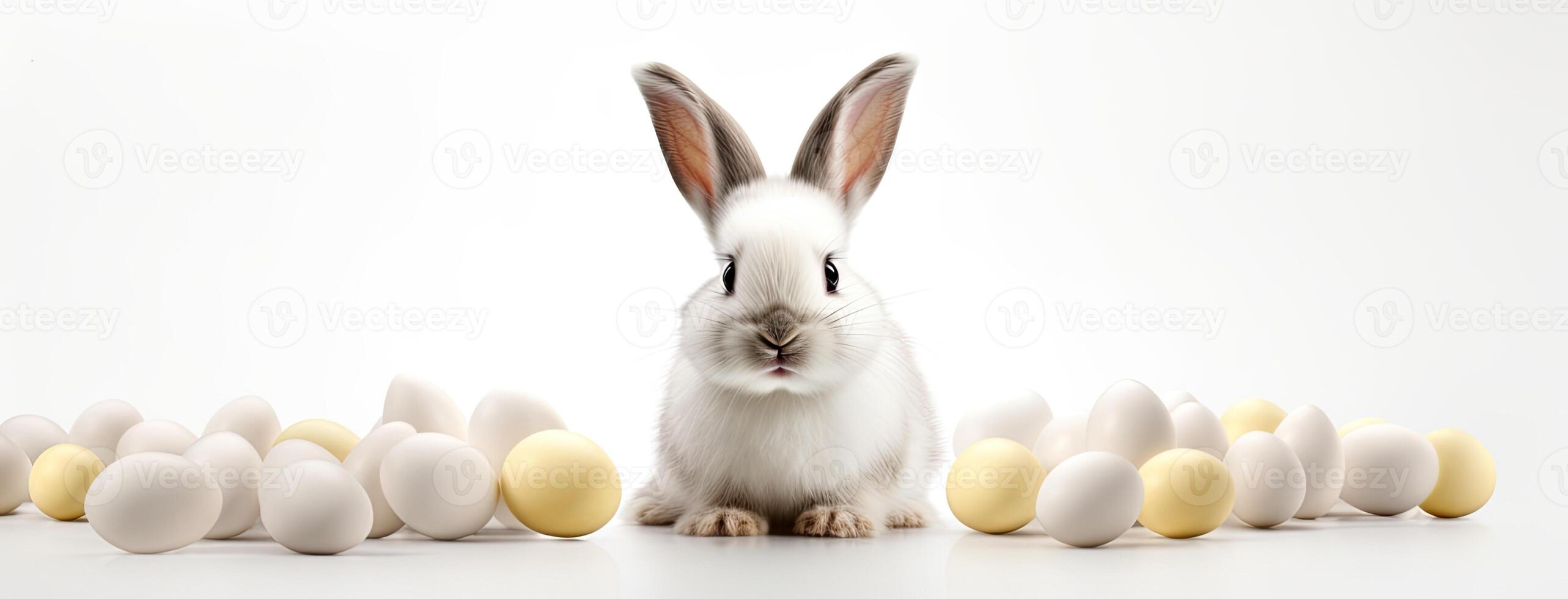 AI generated a super funny and cute white Easter bunny surrounded by chocolate eggs, perfect for an Easter advertising campaign against a solid white background. photo