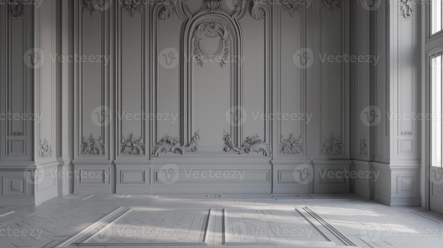 AI generated a grey interior adorned with intricate mouldings, exuding an aura of classic elegance and sophistication. photo