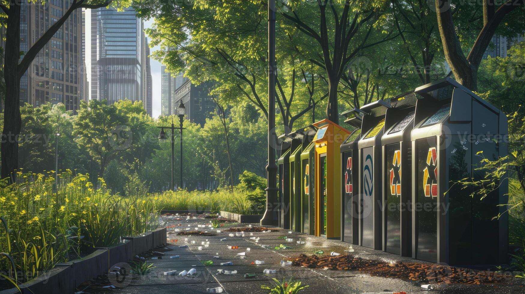 AI generated a well-maintained city park with a row of recycling bins, showcasing the city's commitment to eco-friendliness in ultra-high quality. photo
