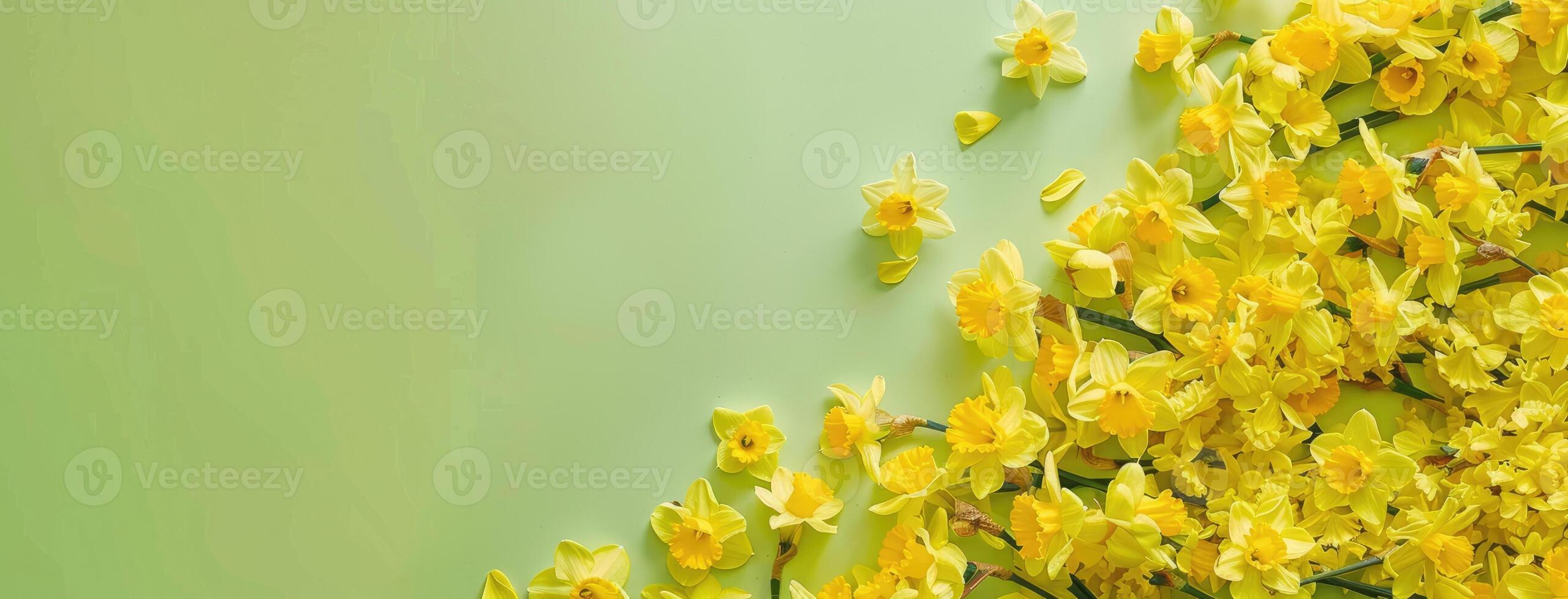 ai generado amarillo narcisos, conjunto en contra un eléctrico Lima verde fondo, encarnando el esencia de primavera floración y floral belleza. amplio Copiar espacio previsto para mensajería. foto