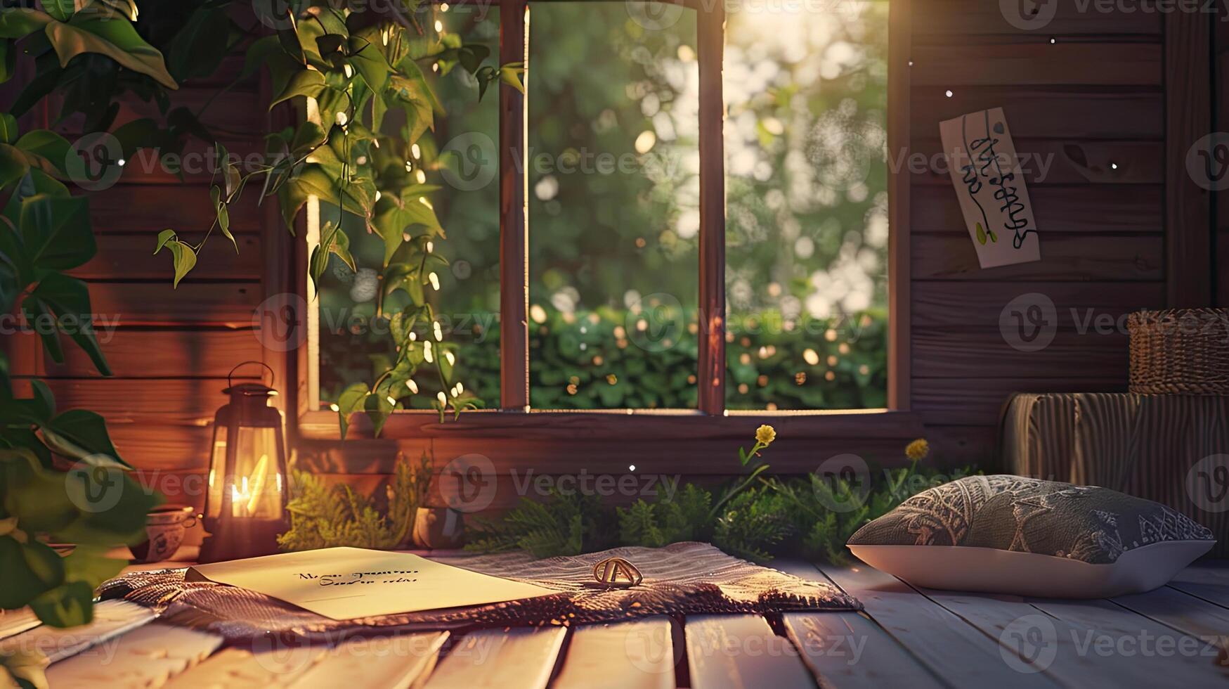 AI generated summer with a cozy scene featuring a personalized note on a piece of paper, nestled in a warm and inviting setting, evoking feelings of relaxation and joy. photo