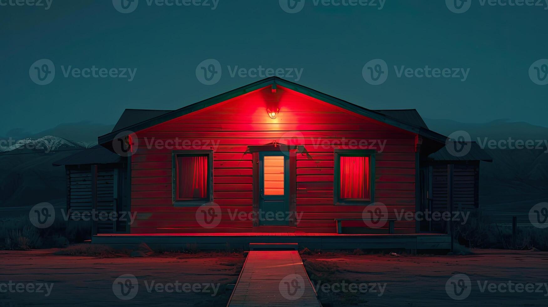 AI generated a small western town at night, with a warmly illuminated wooden house and a faithful dog resting on its doorstep, evoking the timeless allure of frontier life. photo