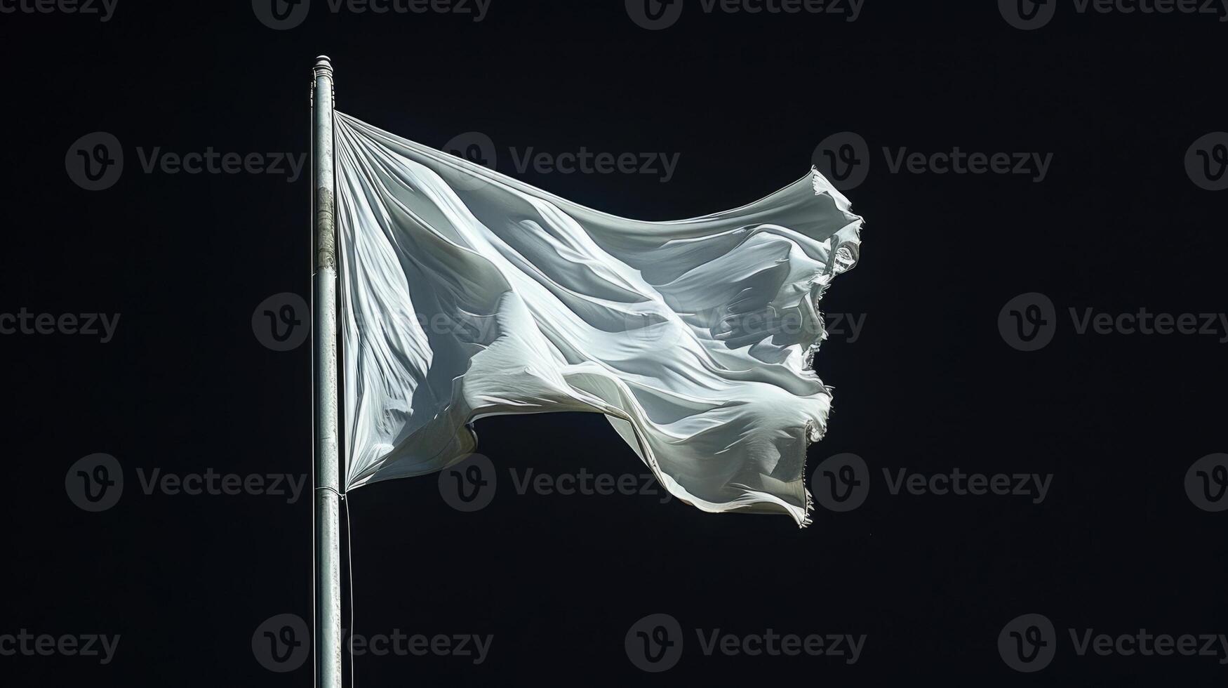 AI generated blank white flag on a flagpole, isolated against a stark black background, conveying a sense of simplicity and purity in its symbolism. photo
