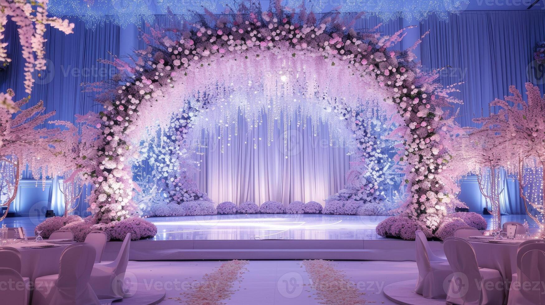 AI generated a romantic wedding stage adorned with delicate flowers, emanating an atmosphere of love and enchantment as couples exchange vows in a breathtaking setting. photo