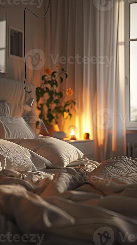 AI generated a contemporary bedroom with a neutral palette, featuring a stylish platform bed bathed in soft ambient lighting, and adorned with decor to create a tranquil retreat for rest. photo