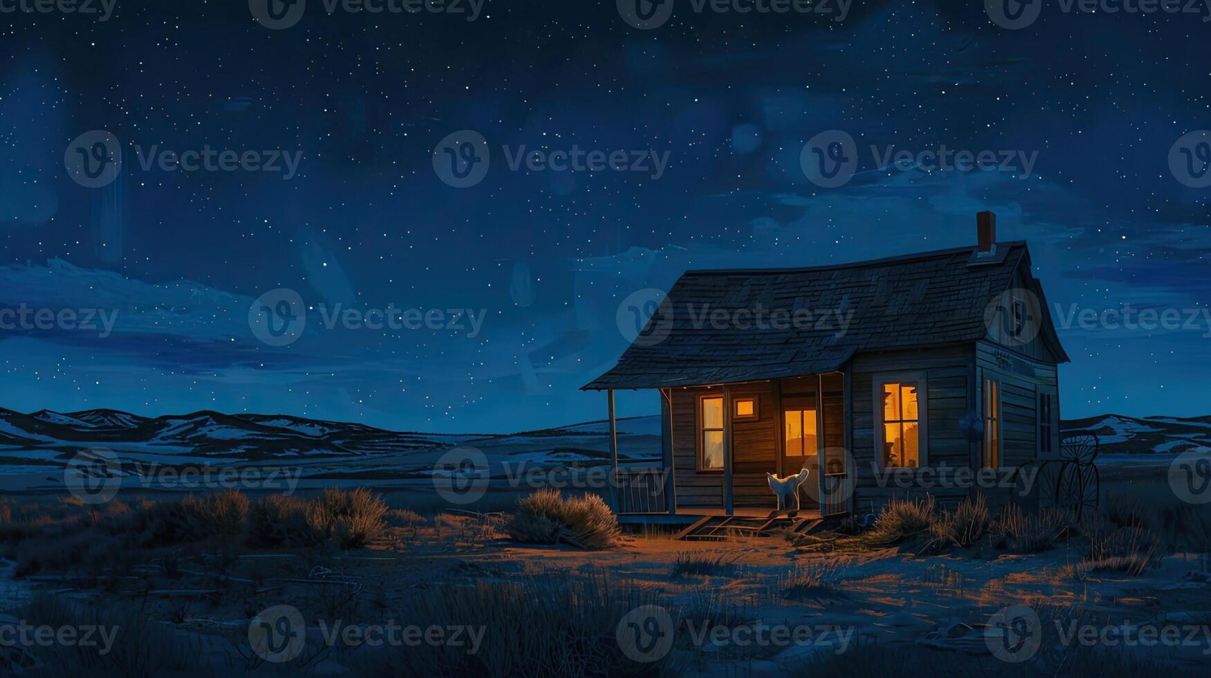 AI generated a small western town at night, with a warmly illuminated wooden house and a faithful dog resting on its doorstep, evoking the timeless allure of frontier life. photo