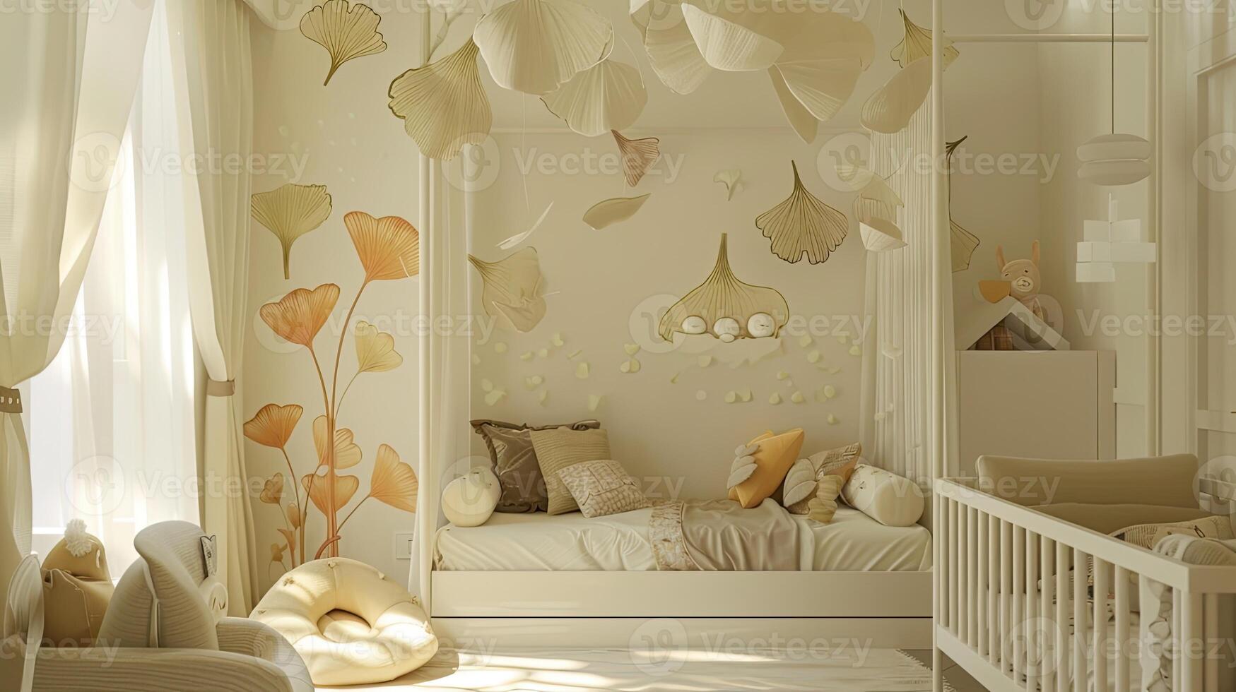 AI generated a villa children's room design incorporating ginkgo leaf motifs as a playful design element, featuring light tones that evoke a sense of serenity and warmth. photo