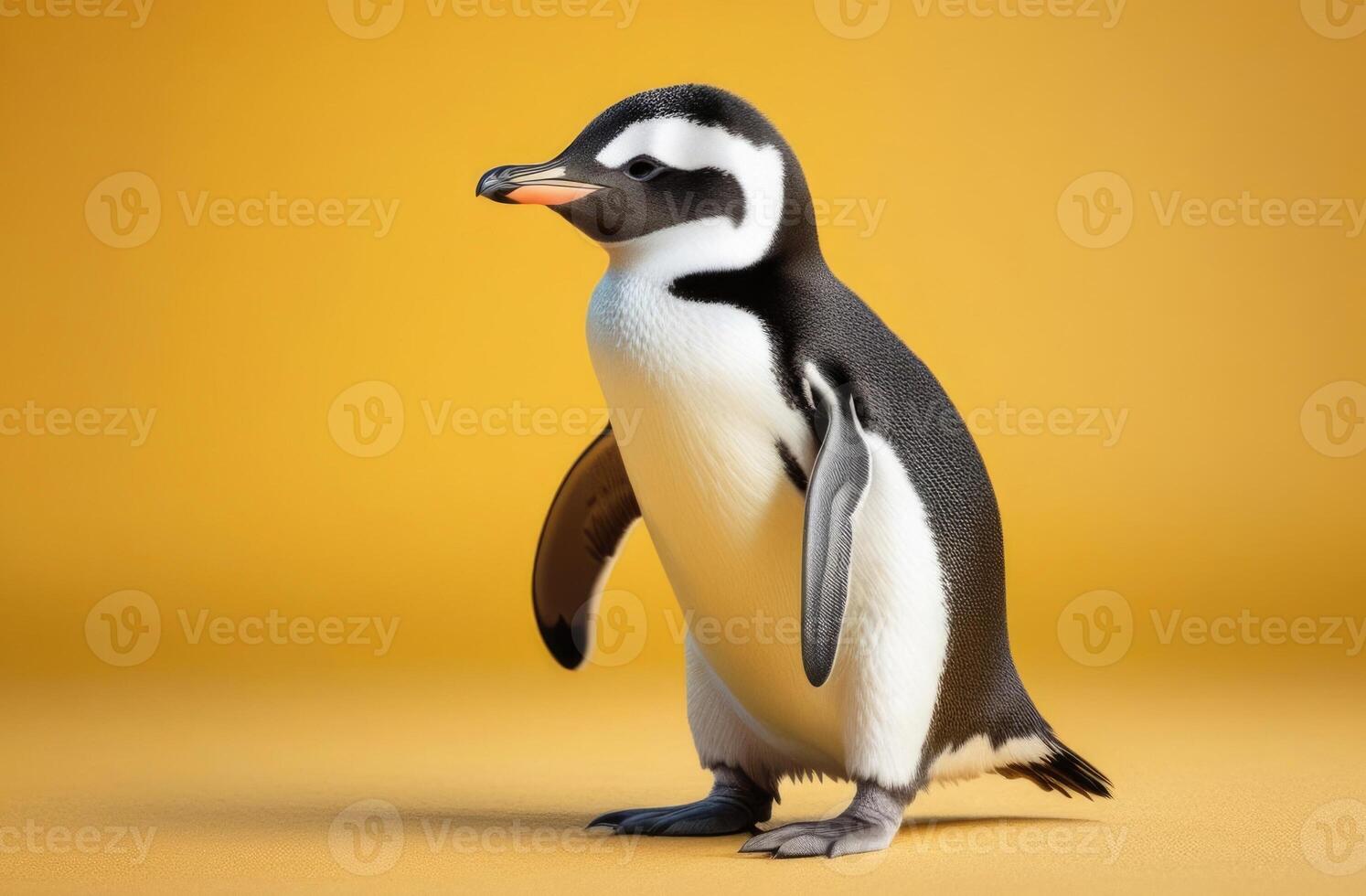 AI generated World Penguin Day, cute baby bird, funny little penguin, yellow background photo