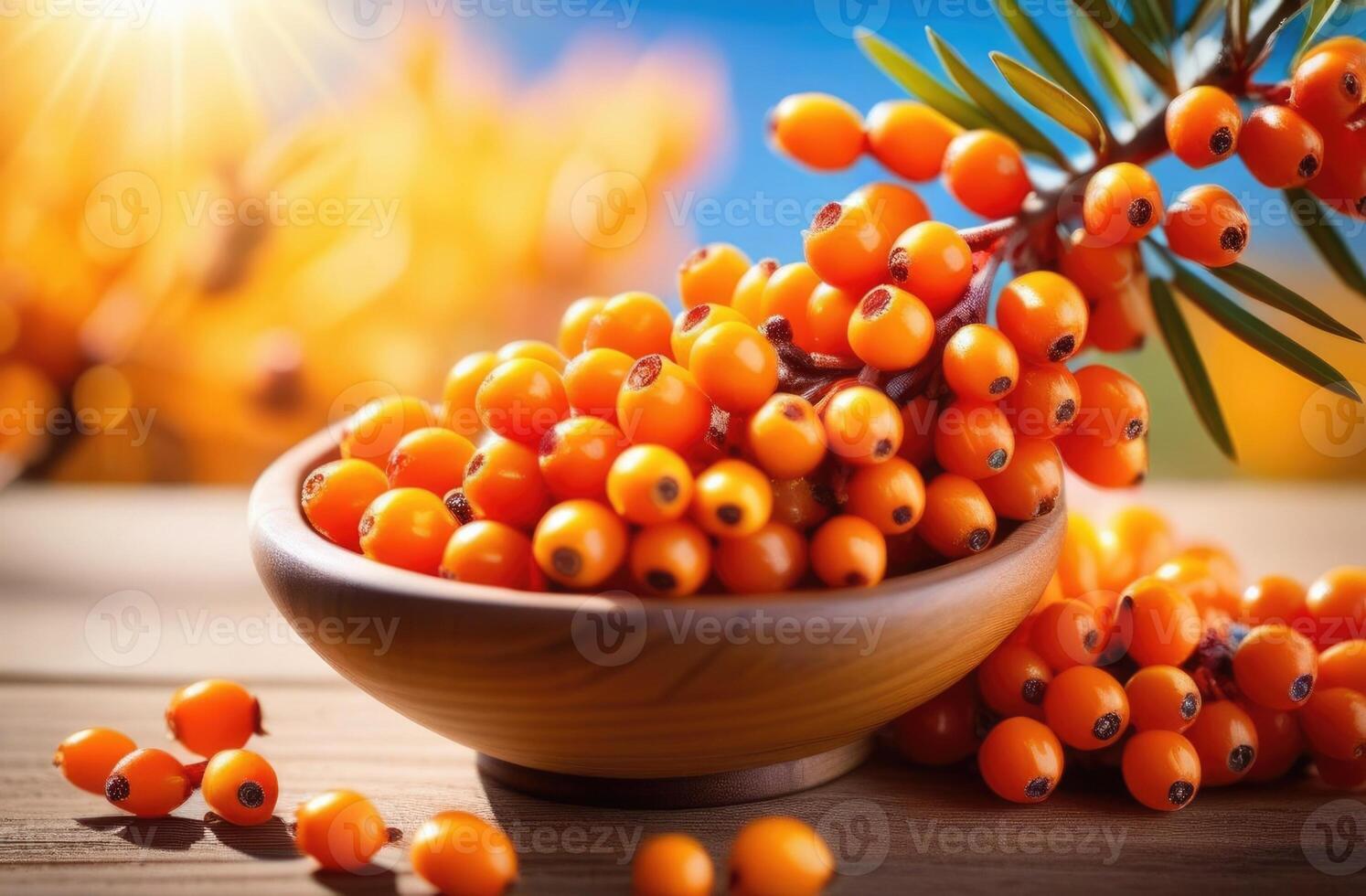 AI generated wooden plate with sea buckthorn on a wooden table, ripe sea buckthorn berries, sea buckthorn tree branches on the background, orchard photo