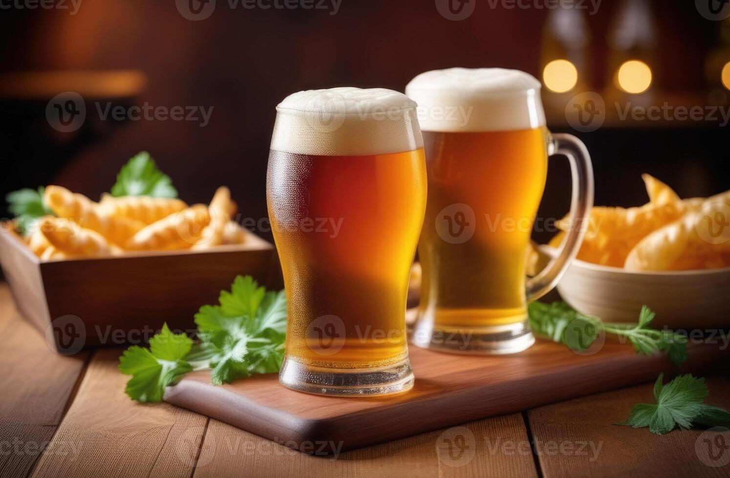 AI generated world bartender's Day, National beer day, glass of beer, foamy drink on the bar, snacks and croutons, dark bar atmosphere on the background photo