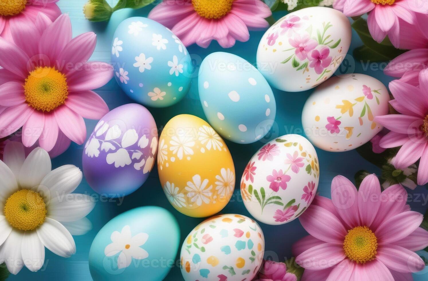 AI generated Easter, lots of colorful painted eggs, delicate pastel shades, patterns and ornaments, spring flowers, top view, blue background photo