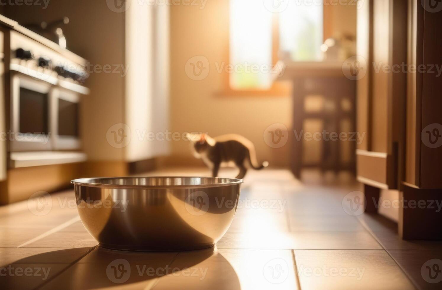 ai generado nacional mascota día, mundo gato día, vacío cuenco de gato comida en el piso, luz de sol, brillante cocina, silueta de un gato en un borroso antecedentes foto