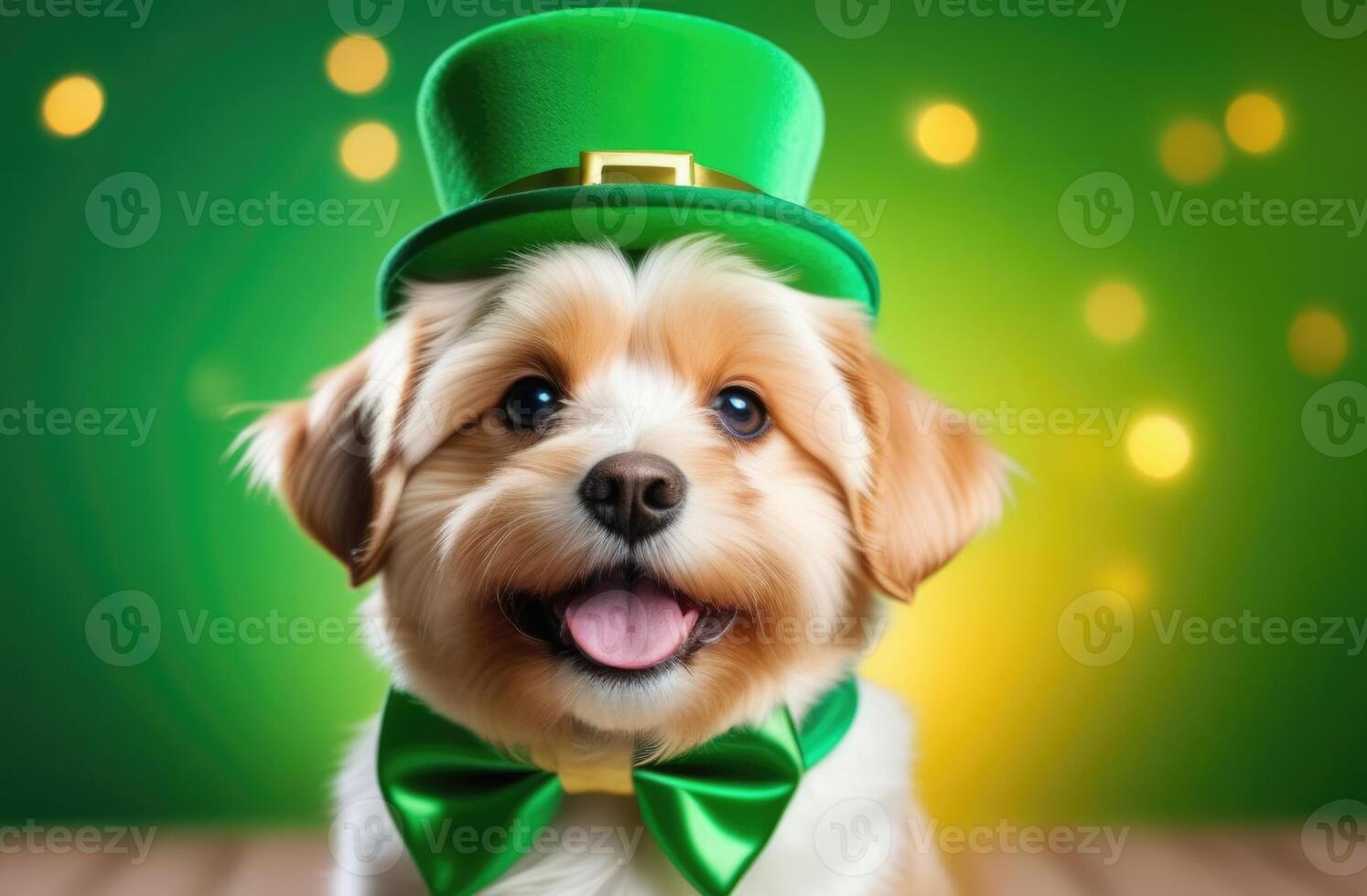 AI generated St. Patrick's Day, funny smiling dog, green holiday hat, dog in a green leprechaun hat and green bow tie, green background, golden bokeh effect photo
