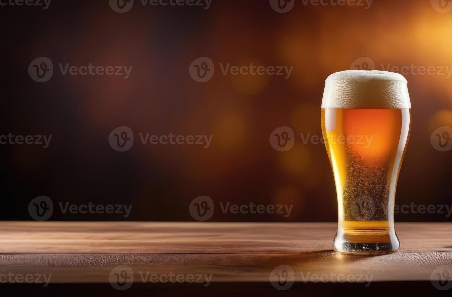 AI generated world bartender's day, National beer day, glass of beer, foamy drink on the bar, dark wooden background, horizontal banner, place for text photo